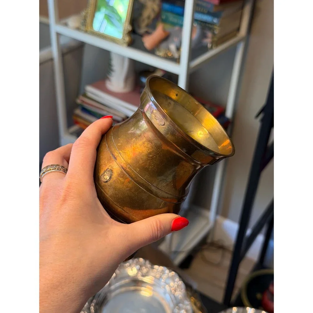 Vintage Brass Vase | Aged Brass Urn Vessel | Mid Century Brass Decor | Patina Fl